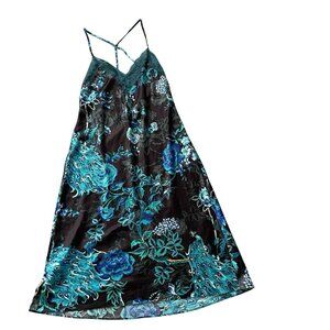 Floral Lace Trim Satin Slip Dress With Adjustable Straps Cross Back Design Mediu